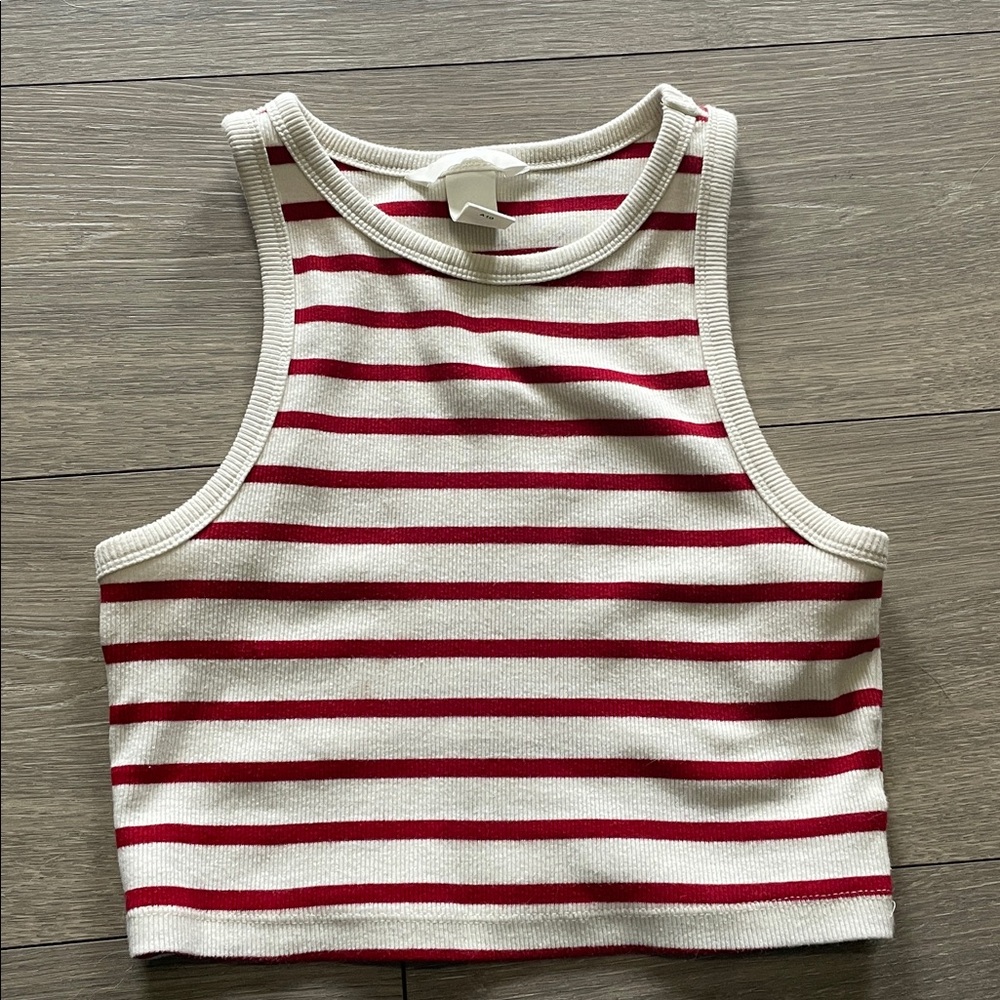H&M Red and White Striped Crop Tank Top Size Small